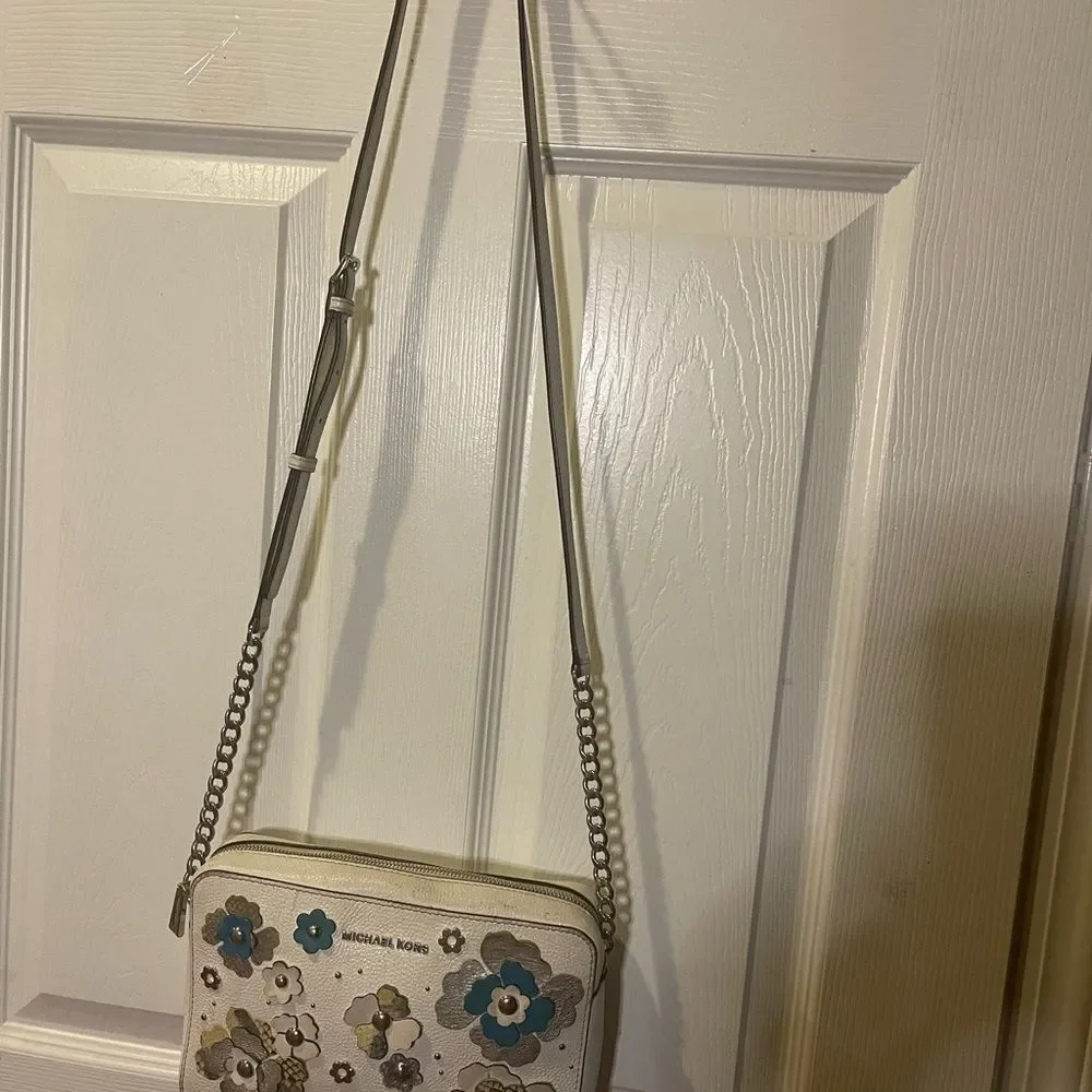 Michael Kors leather off White Floral  appliqué Crossbody Bag.